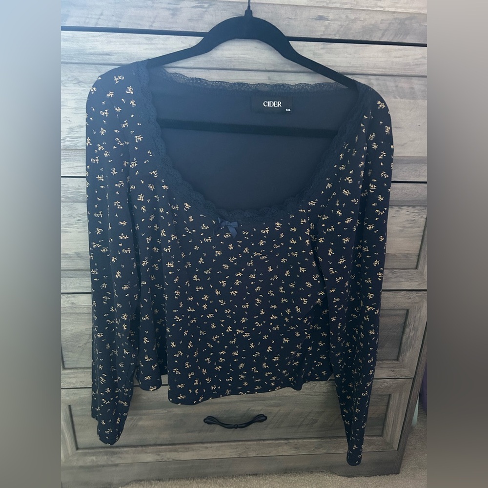 Long Sleeve Navy Blue Floral Top with Lace